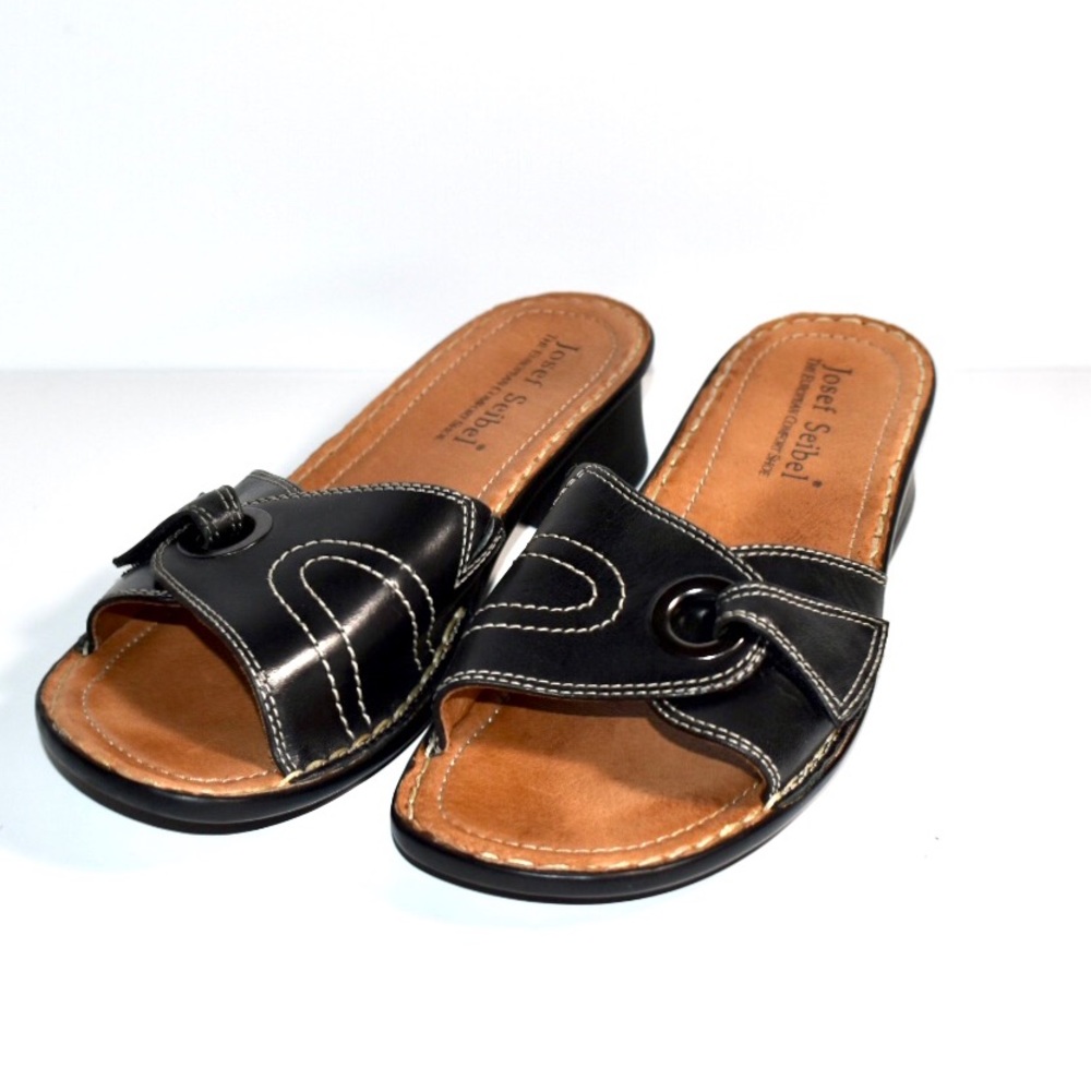 Josef Seibel Black and Tan Leather Slide Sandals